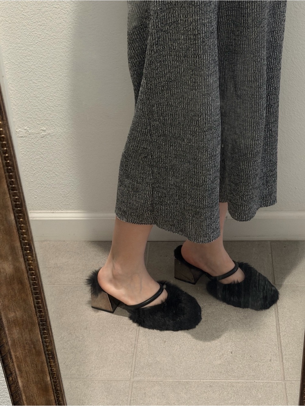Vintage fur block heel mules ✶
